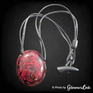 Carlos Sobral Brazil "Vega" Red Roses Resin Pendant Black Leather Cord Necklace